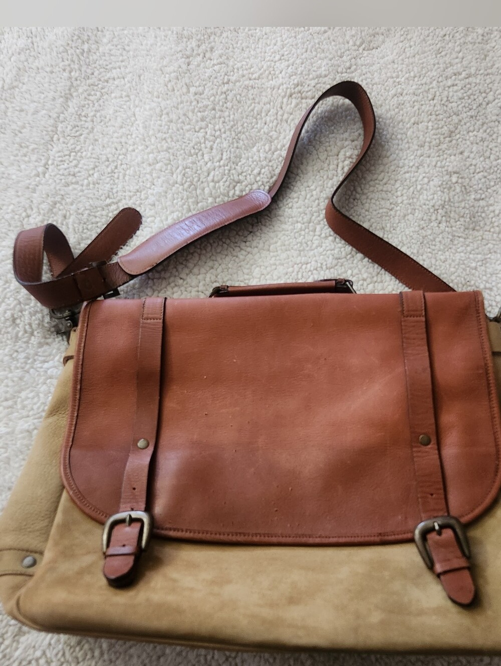 Leather & Suede Messenger Bag Brown/Tan Crossbody Option 13x15x4